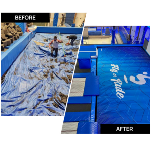 Side-by-side comparison of a foam pit being removed and replaced with a clean airbag system, showing the safety and hygiene improvements.