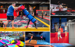 trampoline park activities showcasing the use of airbags, including children and adults safely participating in various challenges and jumps."